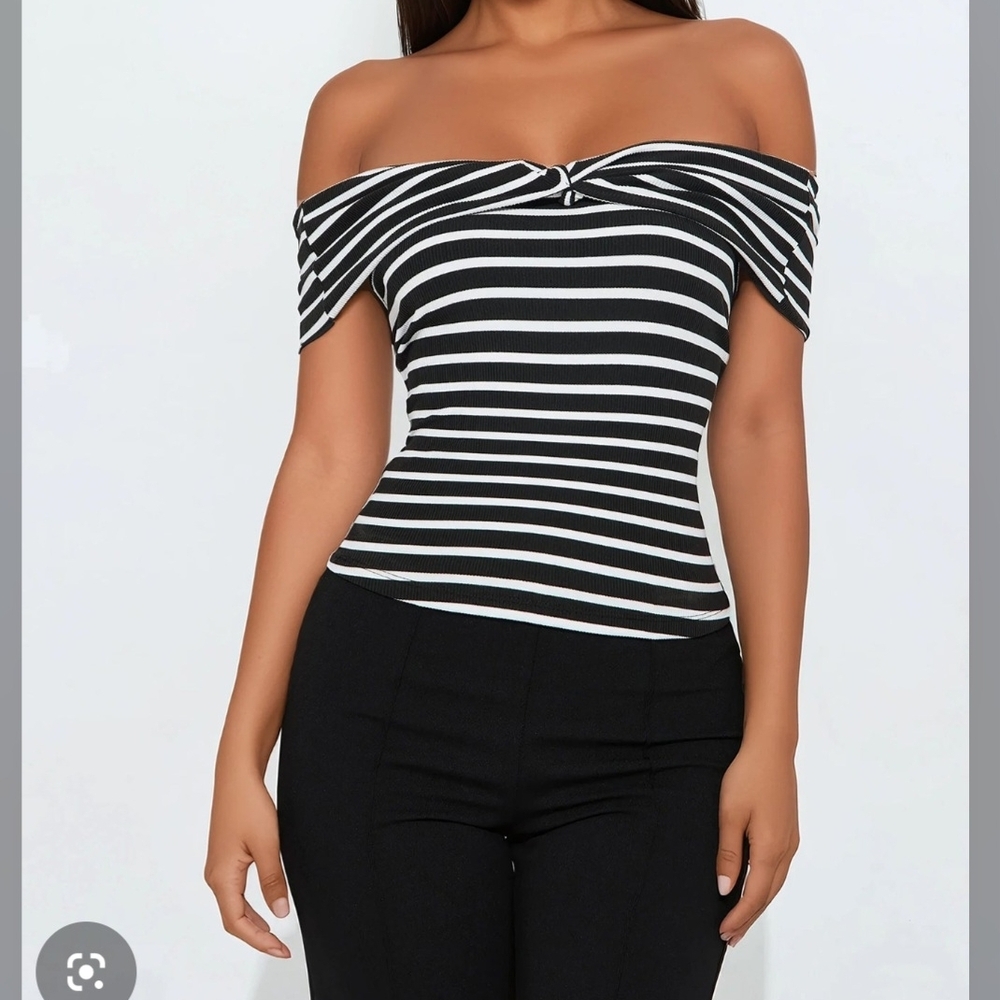 Fashion Nova Black and White Off-Shoulder Blouse